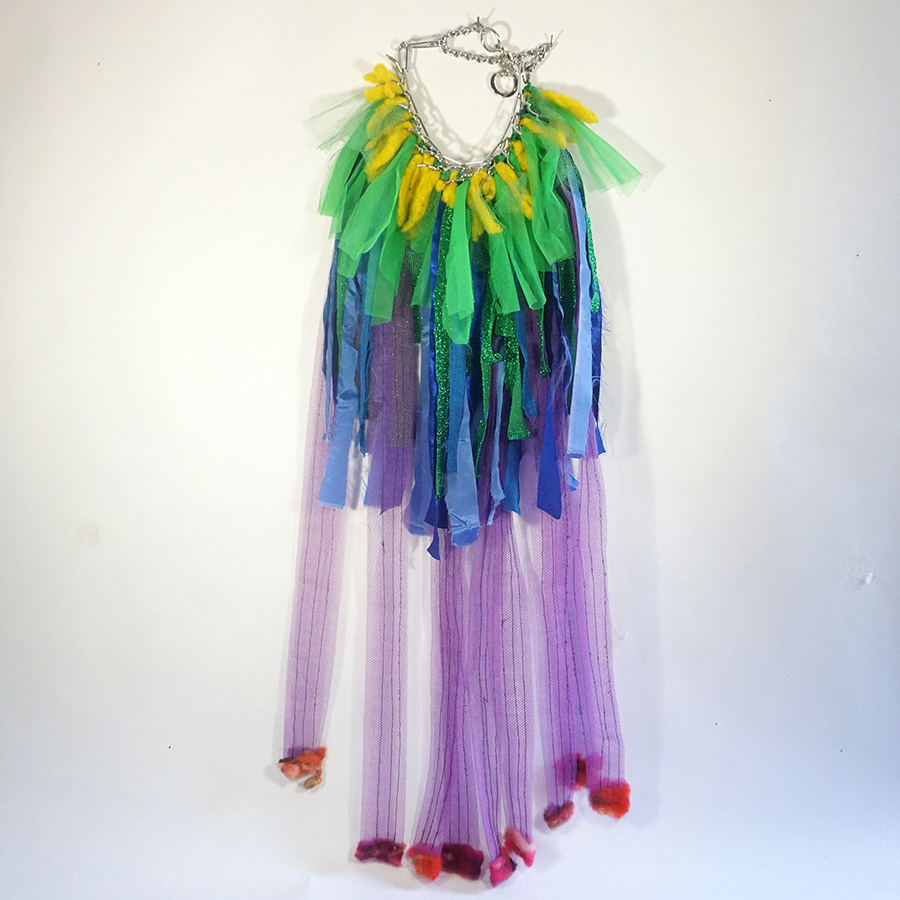 The Woman on the Beach, Overcoming Restraints Neck Piece 2019 <br>dog collar, umbrella, assorted fabrics